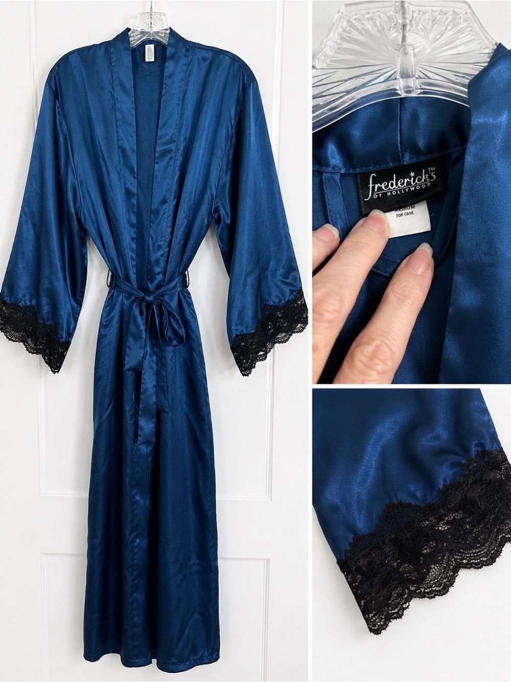 Vintage Frederick’s of Hollywood Blue Satin Lace Trim Robe